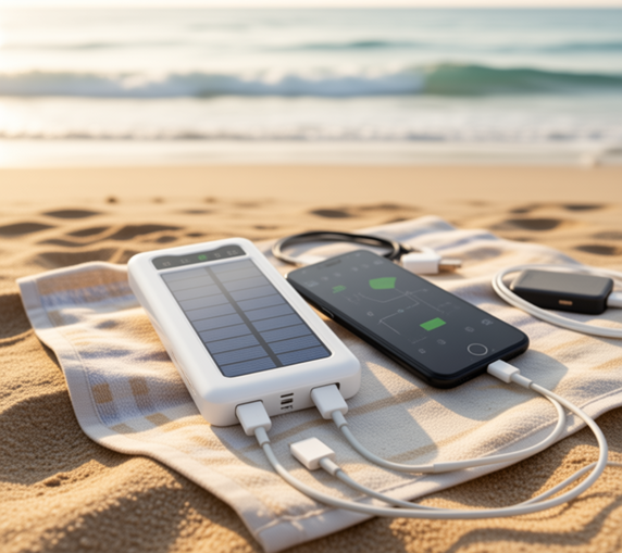 Solar Power Bank 10000mAh – Built-in Cables, LED Display, Dual Flashlight & Solar Charging