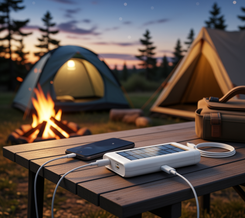 Solar Power Bank 10000mAh – Built-in Cables, LED Display, Dual Flashlight & Solar Charging