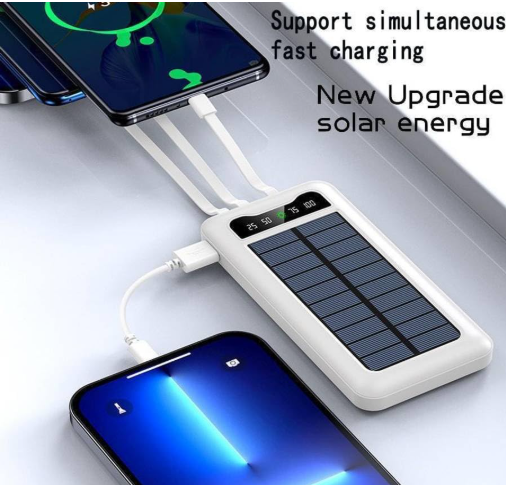 Solar Power Bank 10000mAh – Built-in Cables, LED Display, Dual Flashlight, Solar Charging, Portable Phone Charger for Camping & Travel