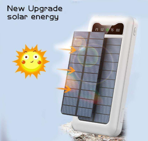 Solar Power Bank 10000mAh – Built-in Cables, LED Display, Dual Flashlight, Solar Charging, Portable Phone Charger for Camping & Travel