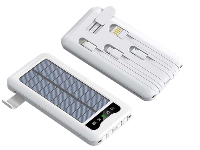 Solar Power Bank 10000mAh – Built-in Cables, LED Display, Dual Flashlight, Solar Charging, Portable Phone Charger for Camping & Travel