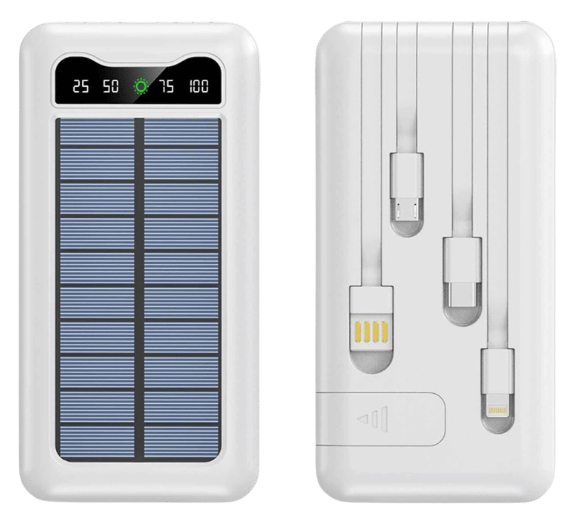 Solar Power Bank 10000mAh – Built-in Cables, LED Display, Dual Flashlight, Solar Charging, Portable Phone Charger for Camping & Travel